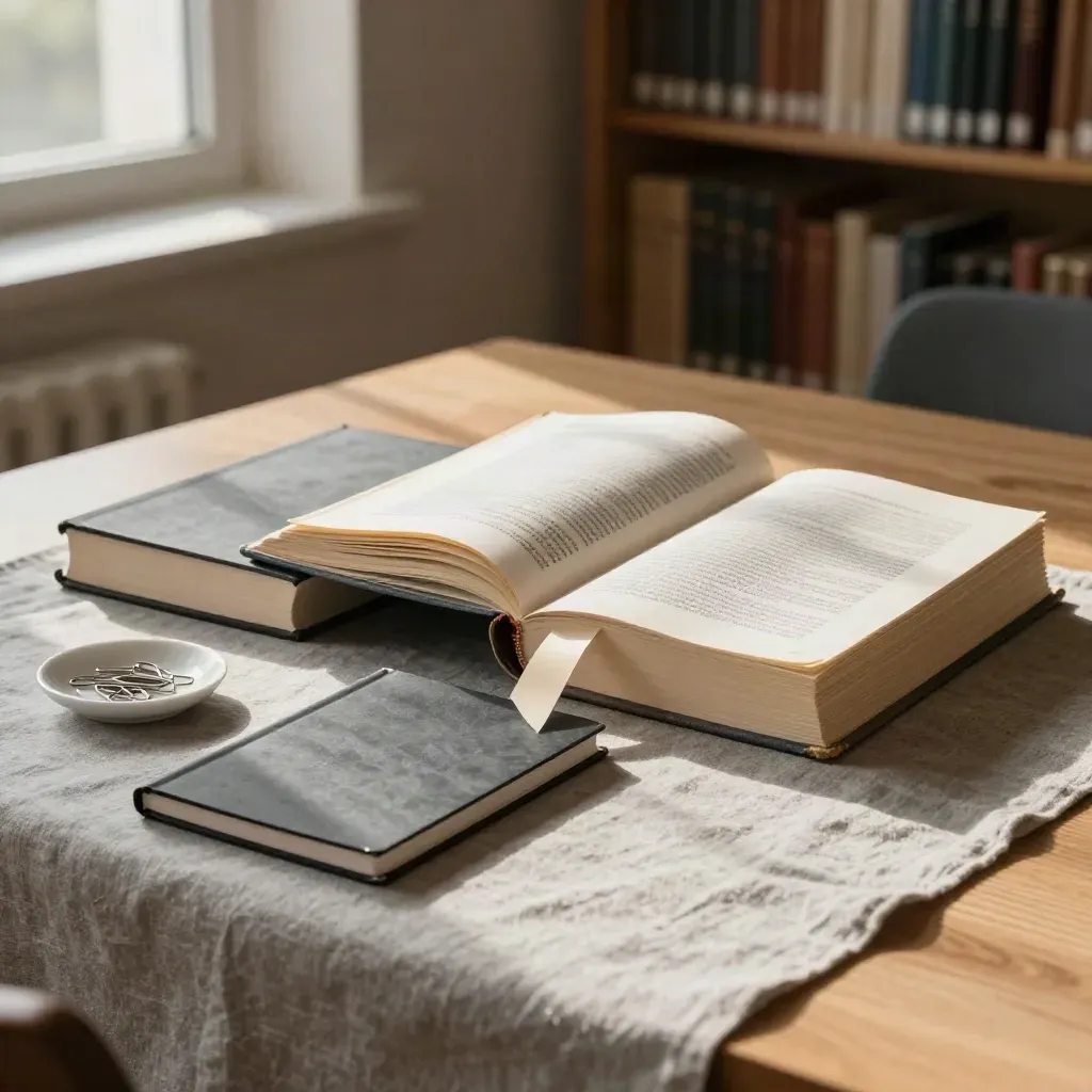 Reading-room table with word guides, slate notebook, bookmark, and paper clips in soft window light
