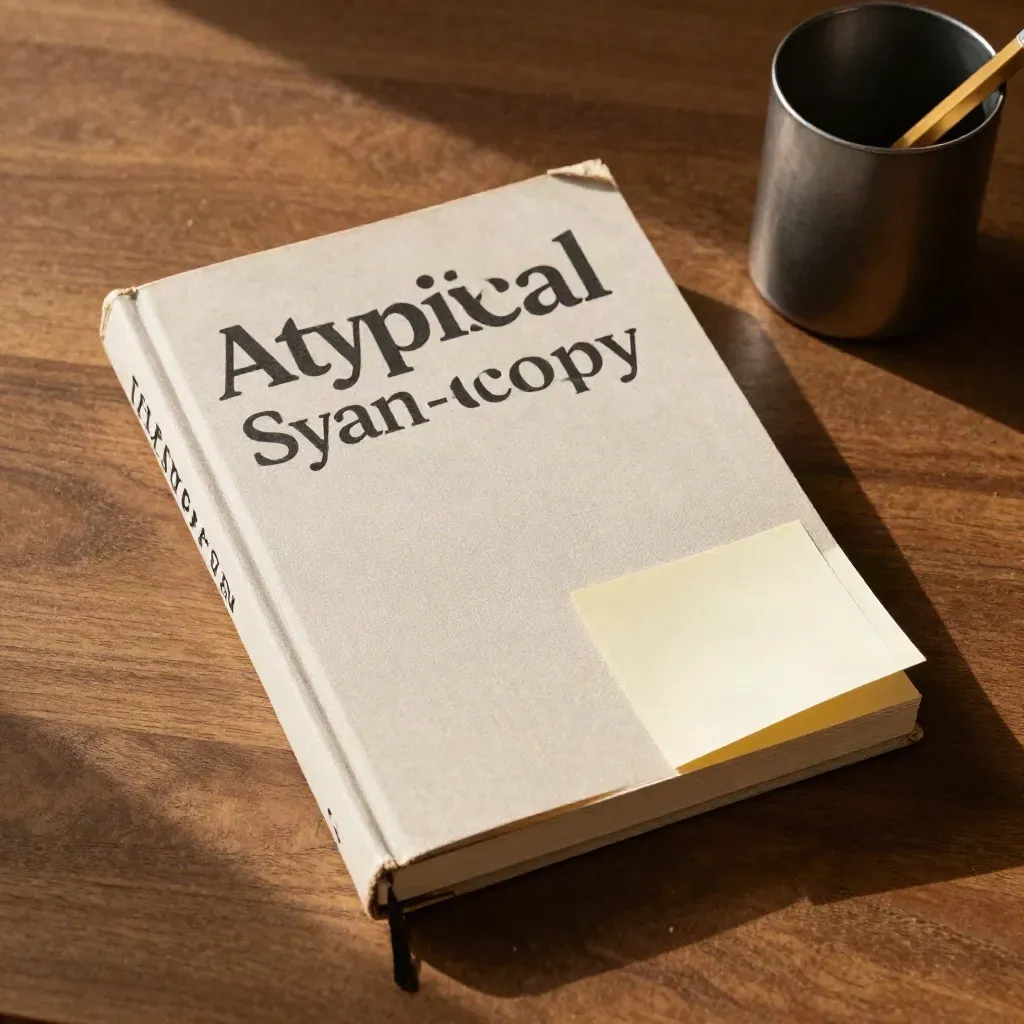 Overhead flat lay of a verbs guide, revision slips, and a metal cup on a warm wooden table.