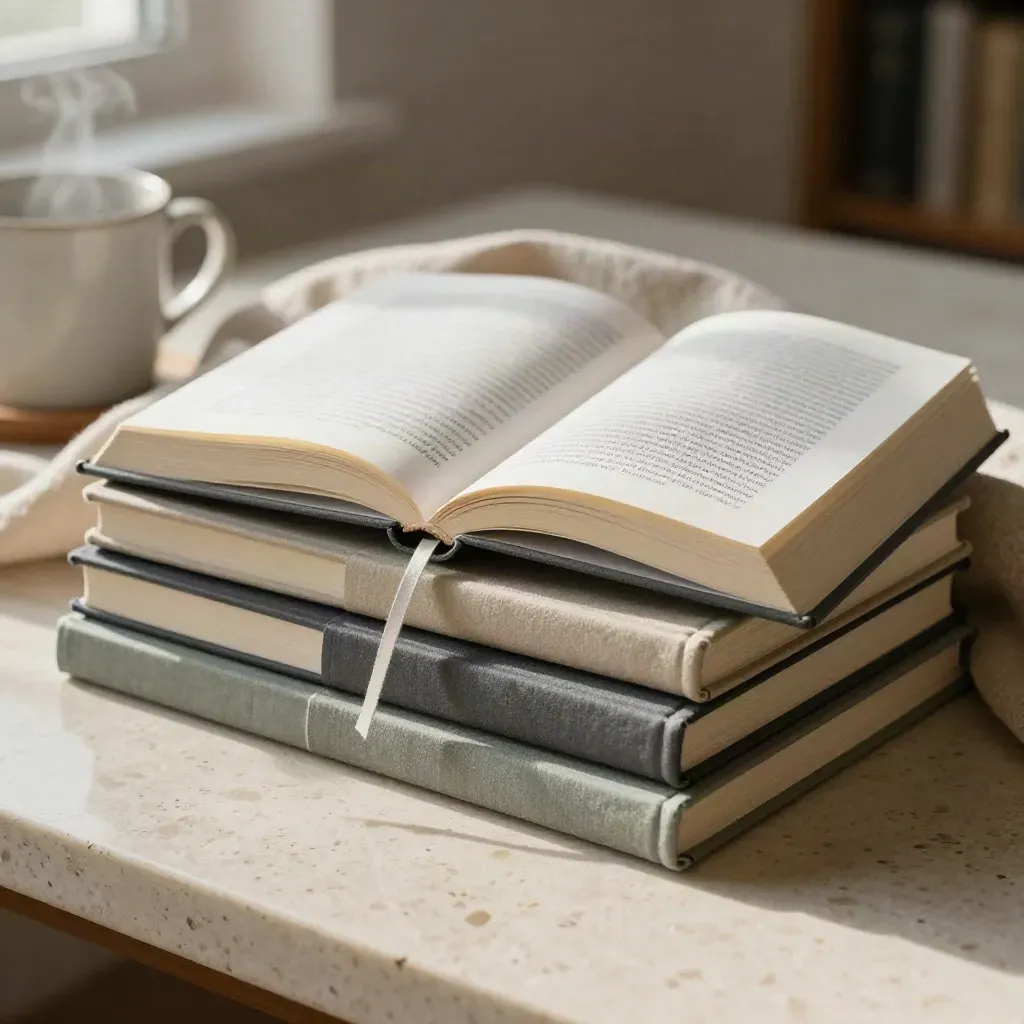 Stacked study guides with a ribbon marker, soft cloth, and steaming mug on travertine.