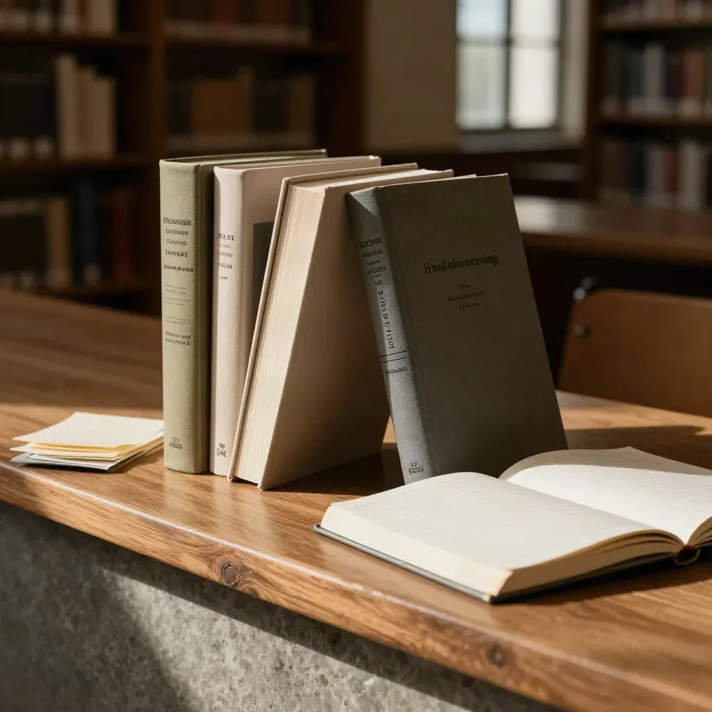 Study guides, ruled notebook, and paper tabs on a library ledge in soft daylight.