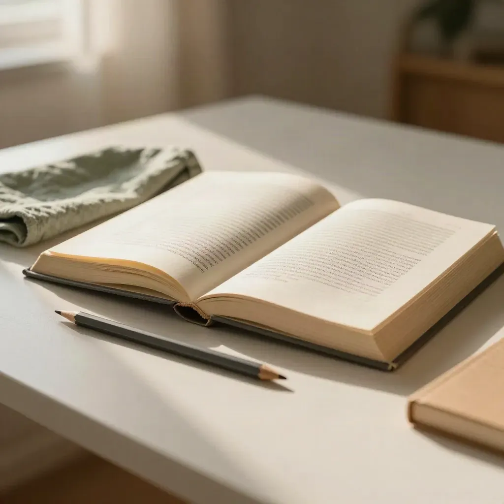 Open paperback guide, sage cloth and graphite pencil on a pale desk in warm morning light.