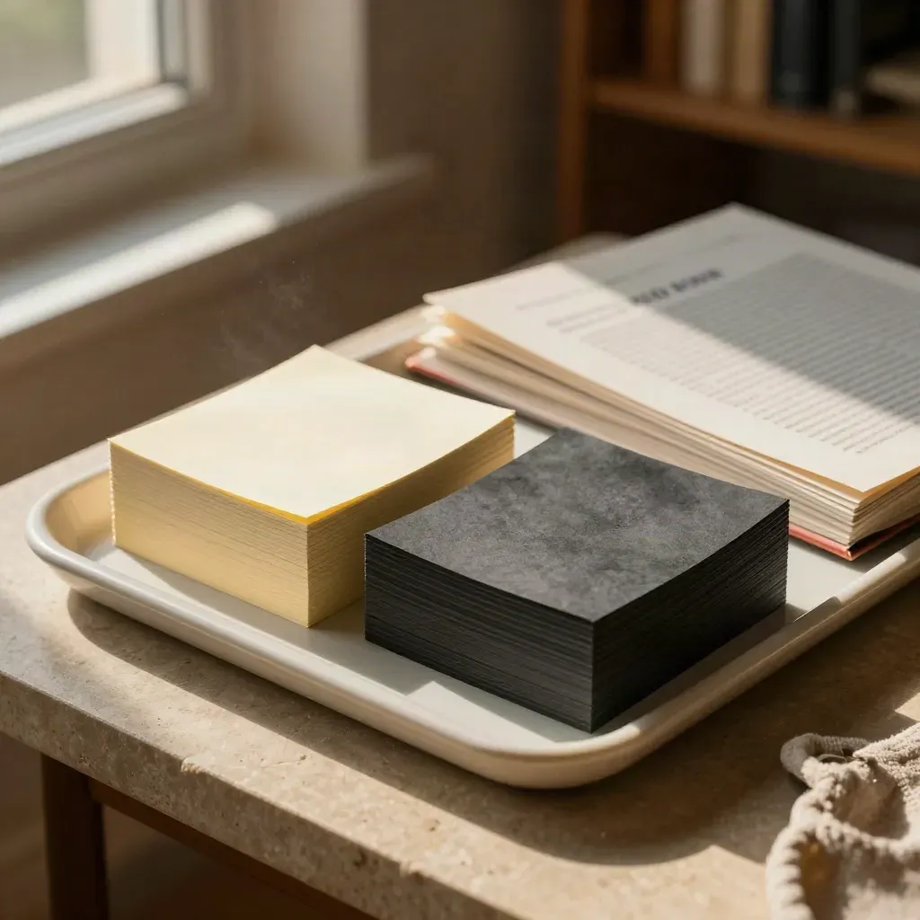 Antonym note slips beside a clipped guide on a pale tray in warm window light.
