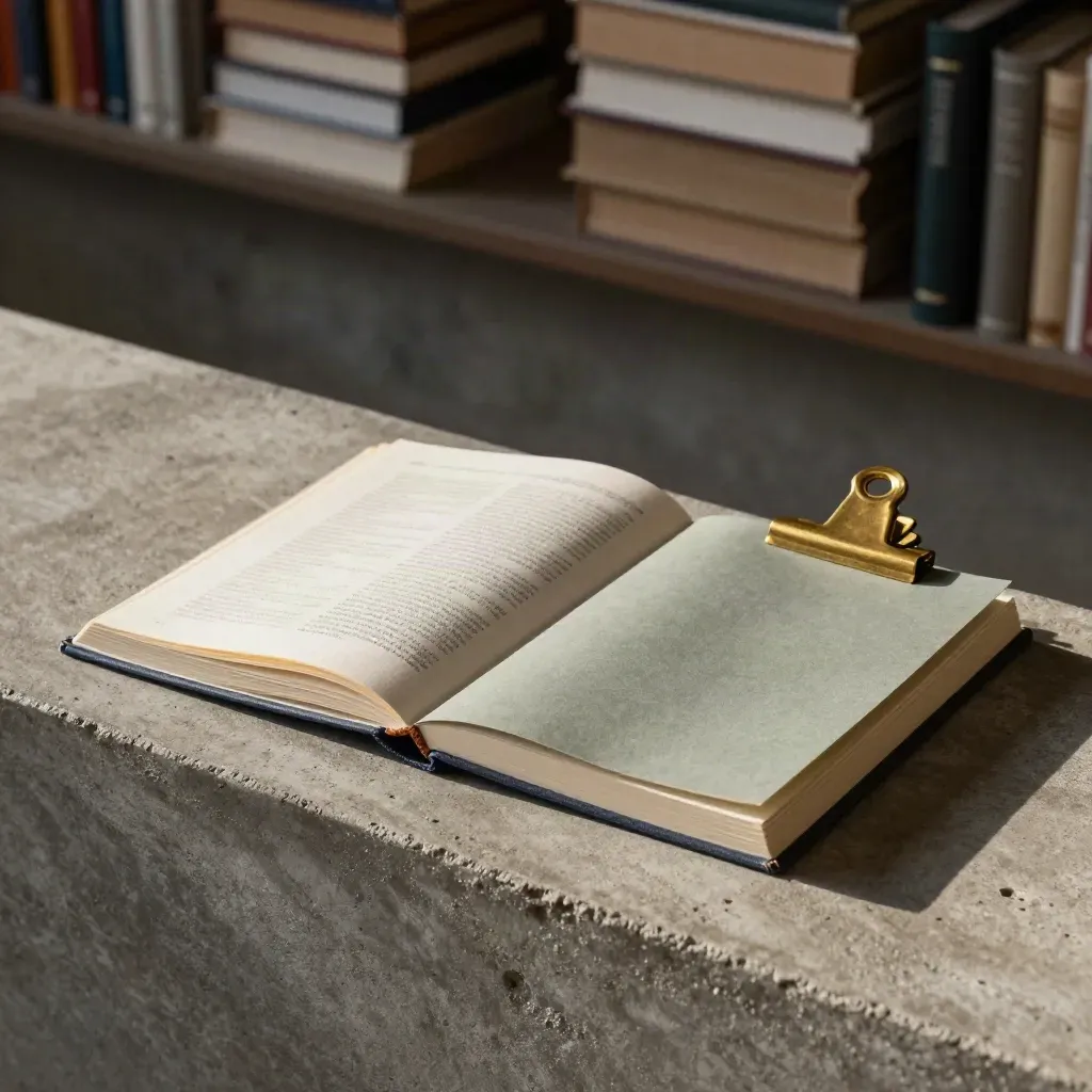 Archive reading ledge with a synonym guide, sage notebook, and brass clip in cool afternoon light.