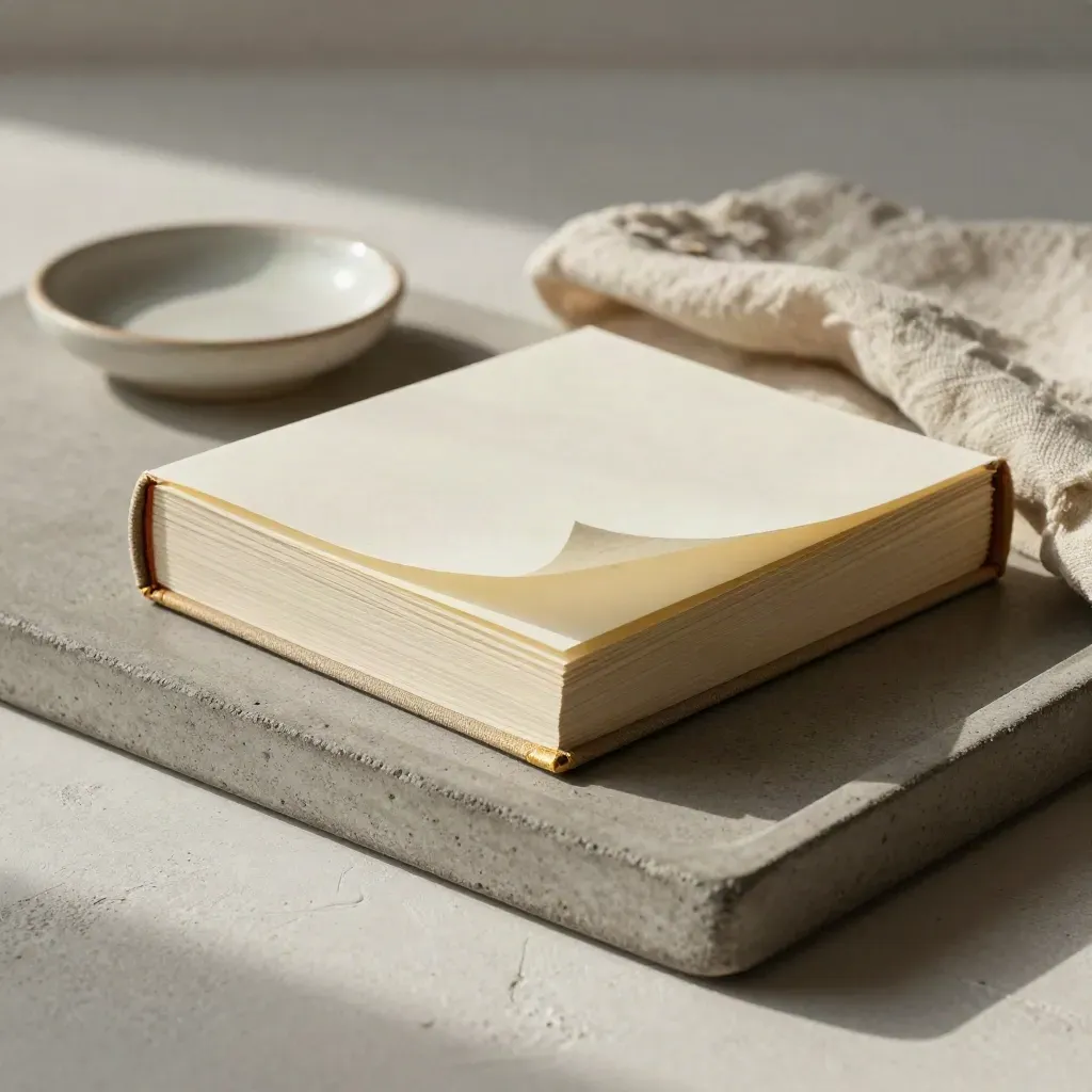 Dictionary, paper slips, and an unglazed dish on a stone tray under soft side light.